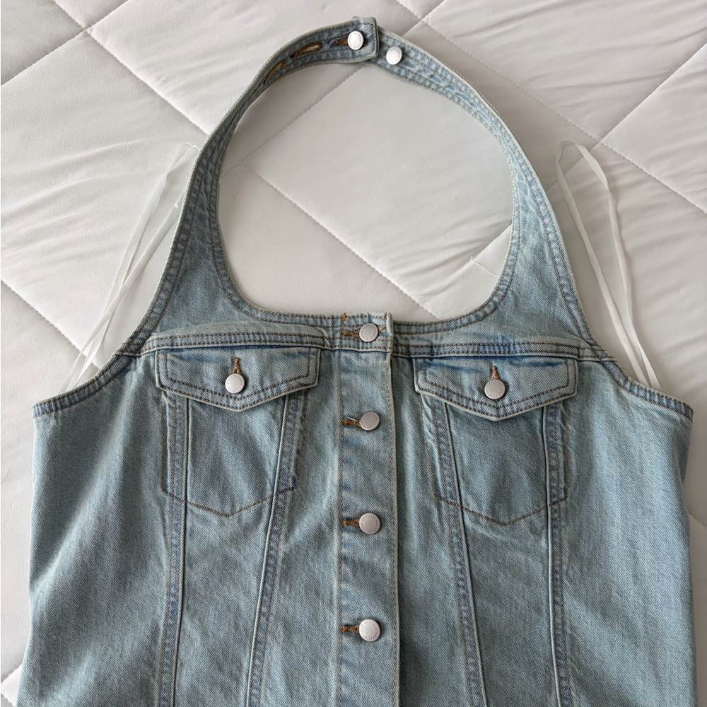 Universal Thread Light Blue Denim Halter Top with Snap Buttons